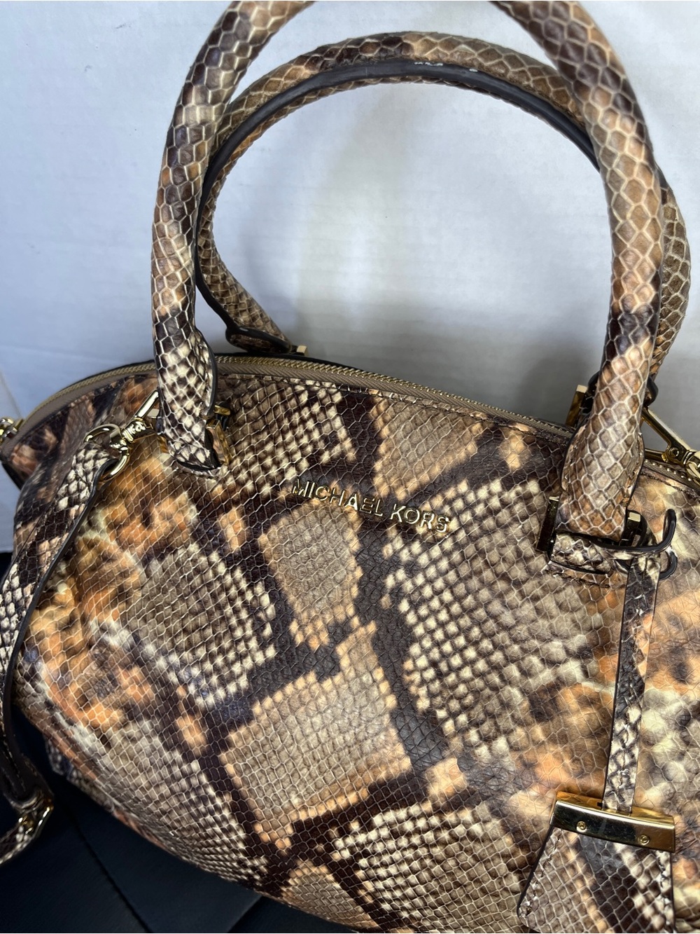 Michael Kors Embossed Leather Snakeskin Python Print Riley Satchel Hand Bag - Picture 3 of 14